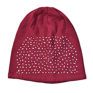 Burgundy Cashmere Blend Crystal Beanie and 1 Pair Gloves Set