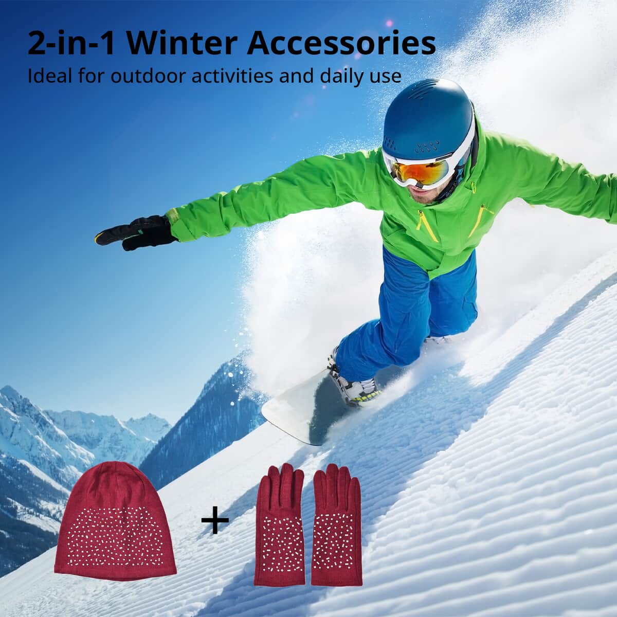 Burgundy 70% Cashmere and 30% Polyester Crystal Pattern Hat and 1 Pair Gloves image number 2