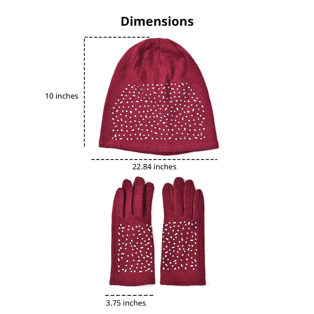 Burgundy 70% Cashmere and 30% Polyester Crystal Pattern Hat and 1 Pair Gloves image number 3
