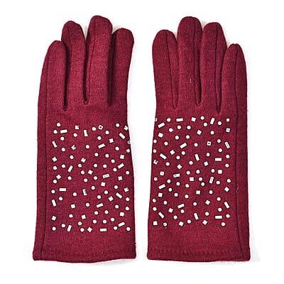 Burgundy Cashmere Blend Crystal Beanie and 1 Pair Gloves Set