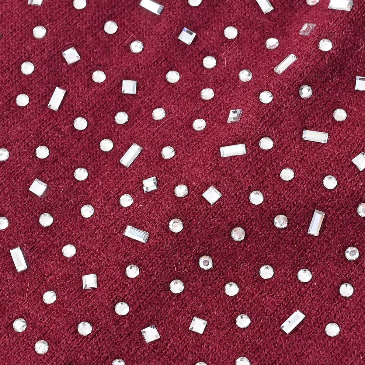 Burgundy 70% Cashmere and 30% Polyester Crystal Pattern Hat and 1 Pair Gloves image number 7