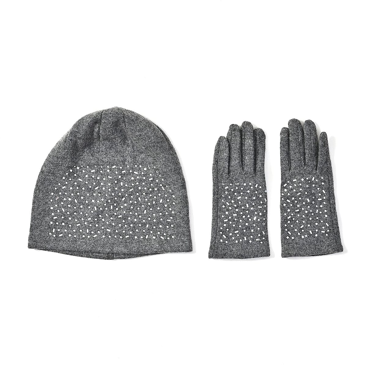 Gray Cashmere Blend Crystal Beanie and 1 Pair Gloves Set image number 0