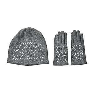 Gray Cashmere Blend Crystal Beanie and 1 Pair Gloves Set