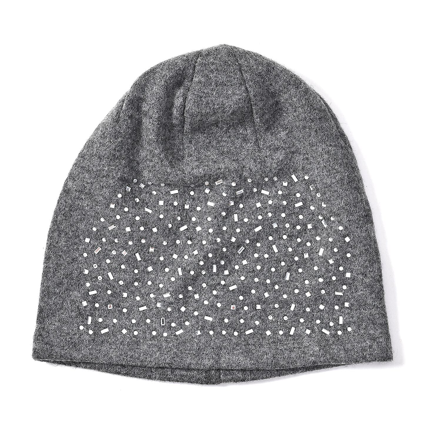 Gray Cashmere Blend Crystal Beanie and 1 Pair Gloves Set