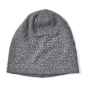 Gray Cashmere Blend Crystal Beanie and 1 Pair Gloves Set