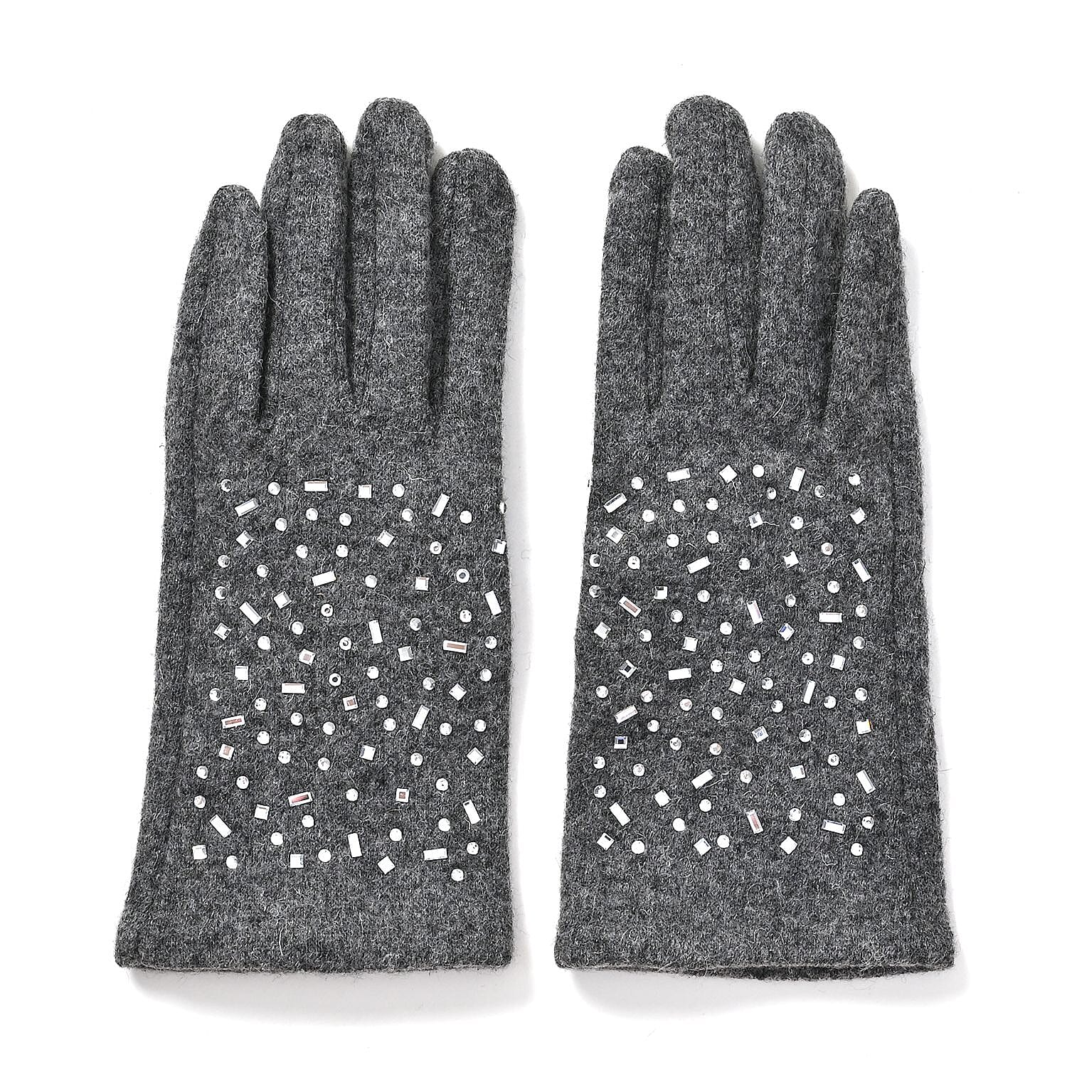 Gray Cashmere Blend Crystal Beanie and 1 Pair Gloves Set