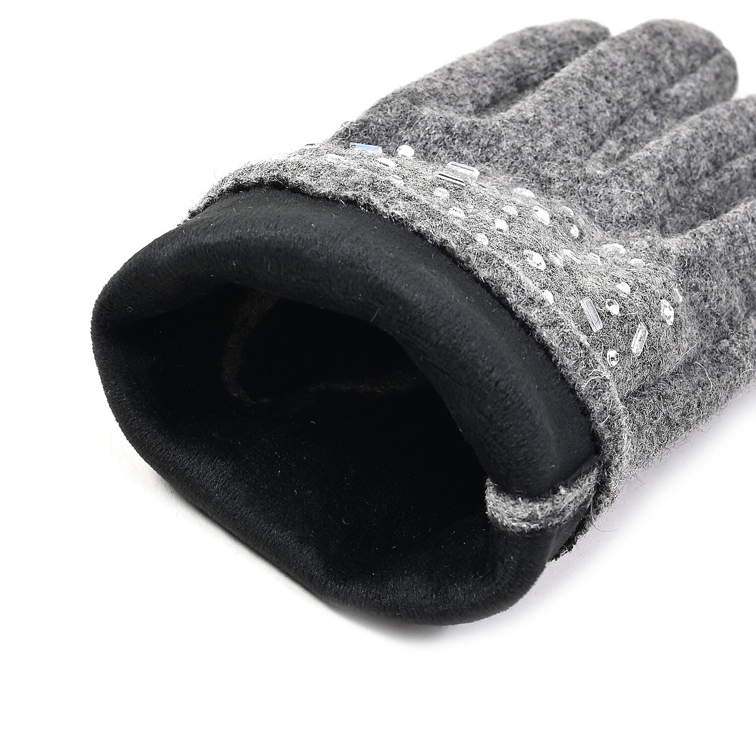 Gray Cashmere Blend Crystal Beanie and 1 Pair Gloves Set