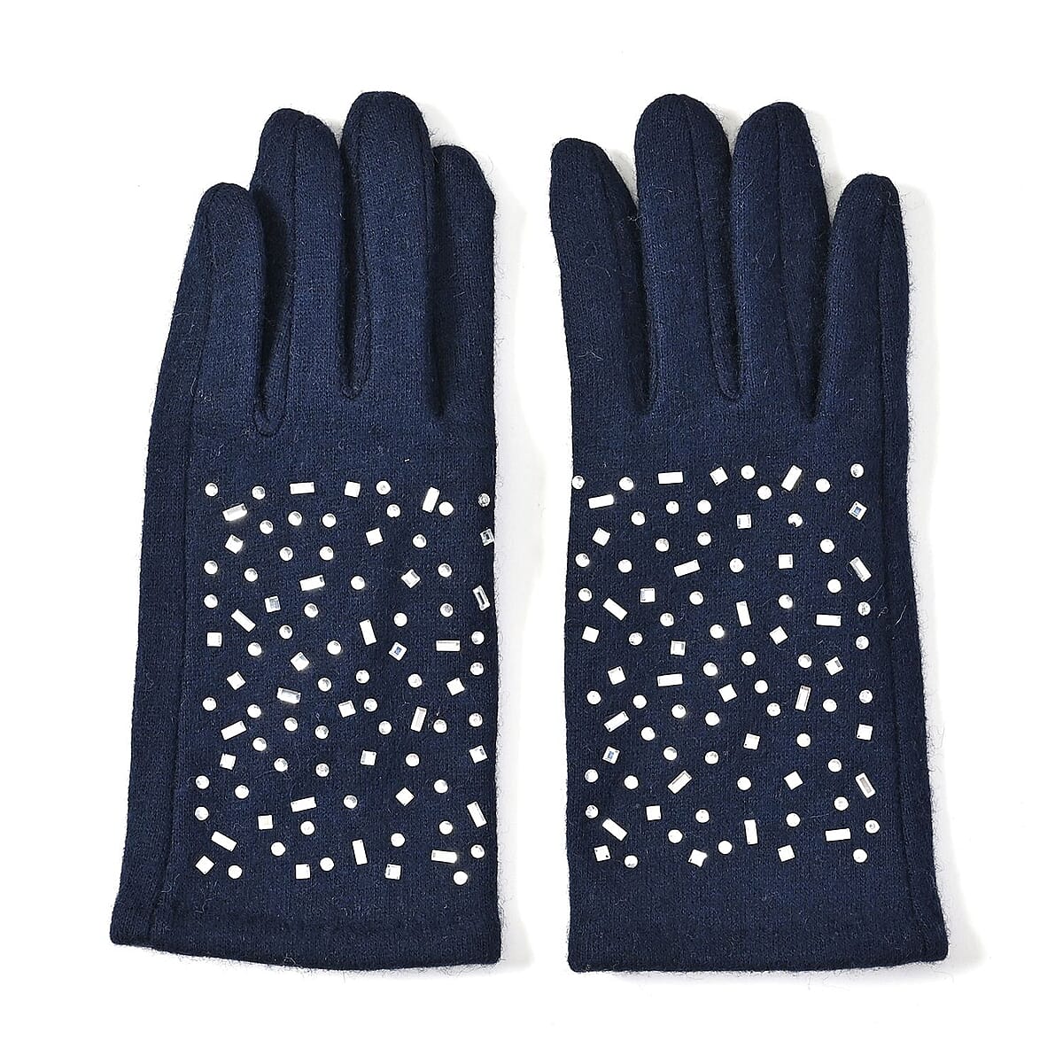 Navy Cashmere Blend Crystal Beanie and 1 Pair Gloves Set image number 4