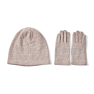 Beige Cashmere Blend Crystal Beanie and 1 Pair Gloves Set