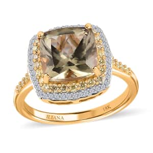 Iliana 18K Yellow Gold AAA Turkizite and SI Natural Yellow and White Diamond Double Halo Ring (Size 6.0) 4 Grams 4.60 ctw