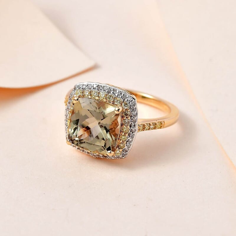 Iliana 18K Yellow Gold AAA Turkizite and SI Natural Yellow and White Diamond Double Halo Ring (Size 6.0) 4 Grams 4.60 ctw