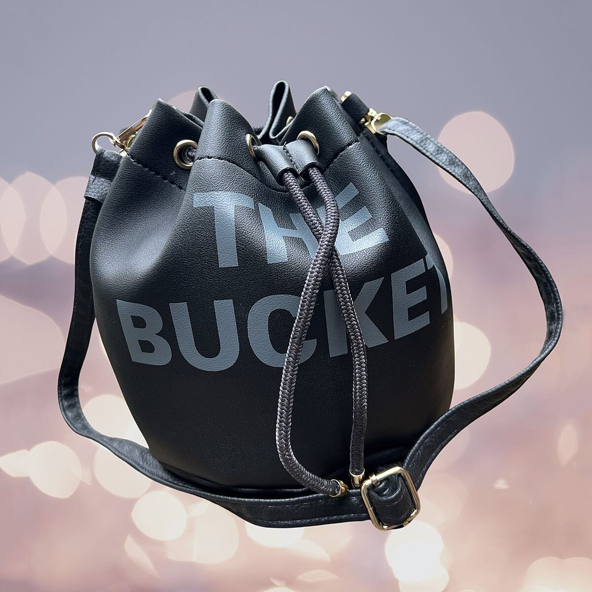 Black Faux Leather Drawstring Bucket Bag (7.5"x6.75"x10.5") with Detachable Shoulder Strap image number 0