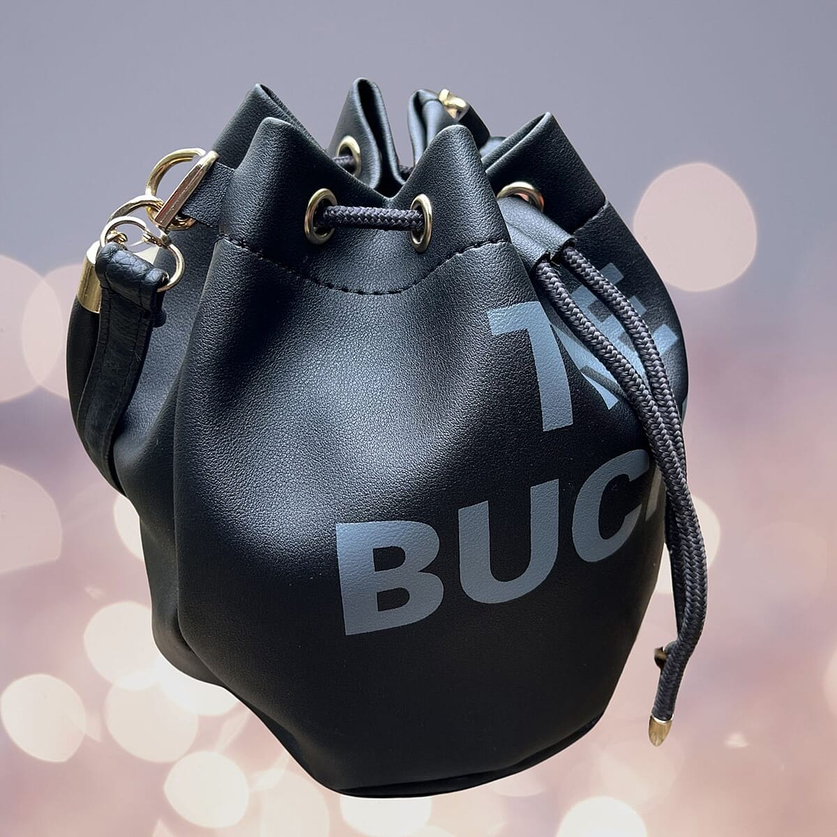 Black Faux Leather Drawstring Bucket Bag (7.5"x6.75"x10.5") with Detachable Shoulder Strap image number 1