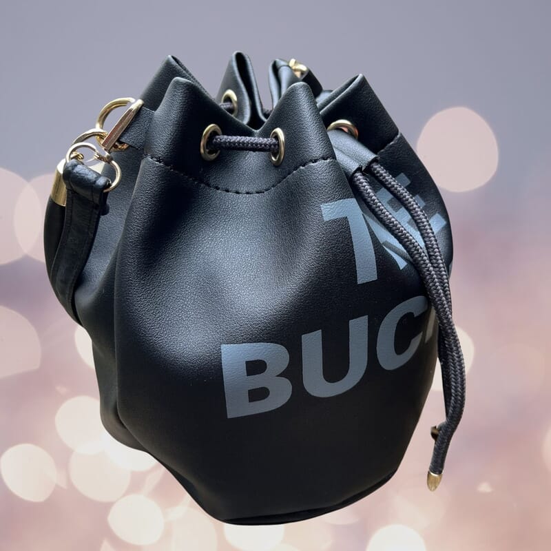 Black Faux Leather Drawstring Bucket Bag with Detachable Shoulder Strap