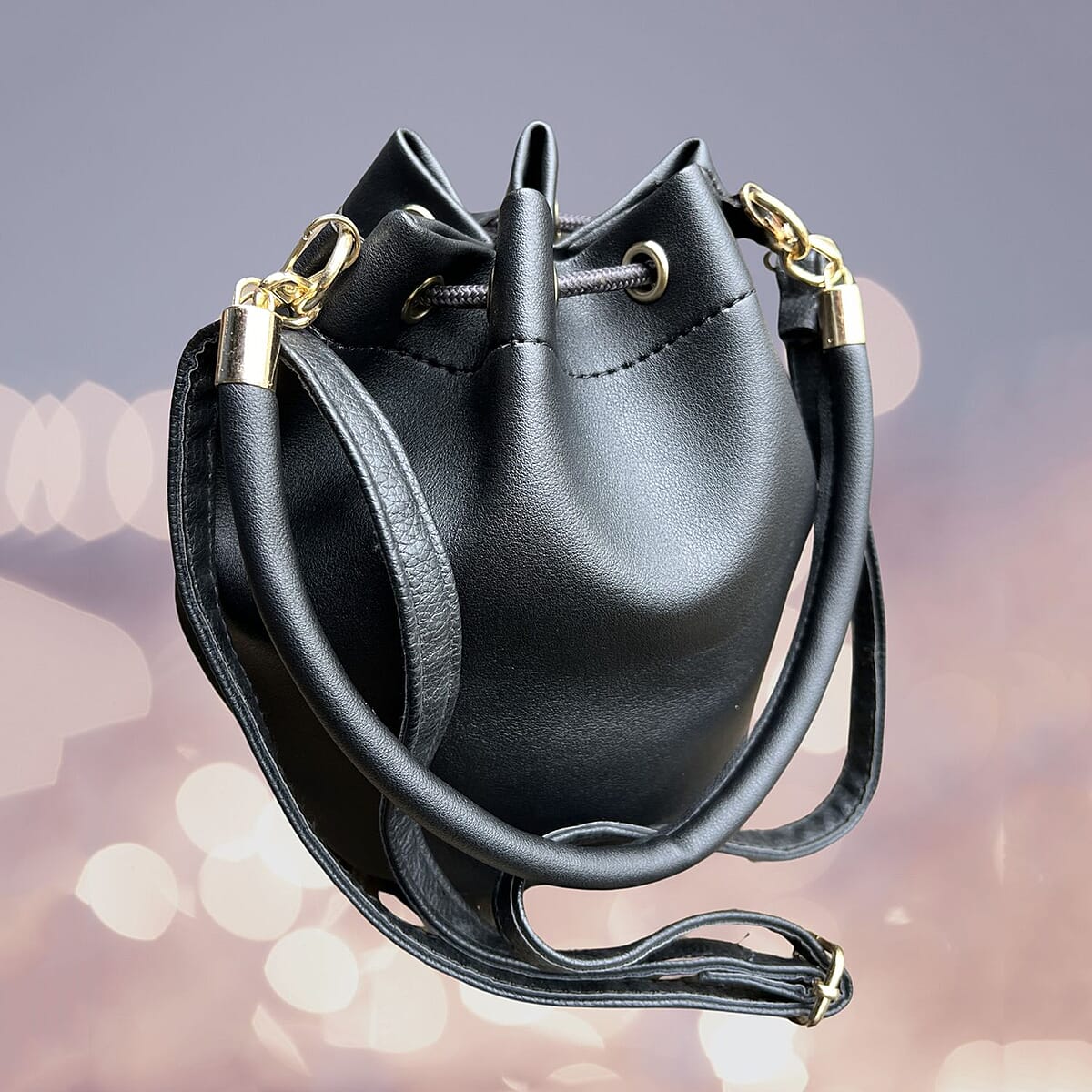 Black Faux Leather Drawstring Bucket Bag (7.5"x6.75"x10.5") with Detachable Shoulder Strap image number 2