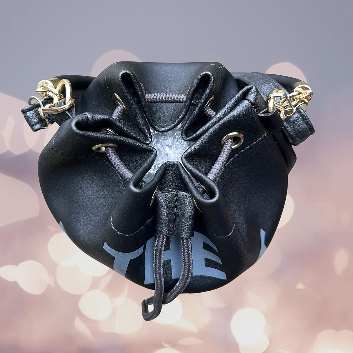 Black Faux Leather Drawstring Bucket Bag (7.5"x6.75"x10.5") with Detachable Shoulder Strap image number 3