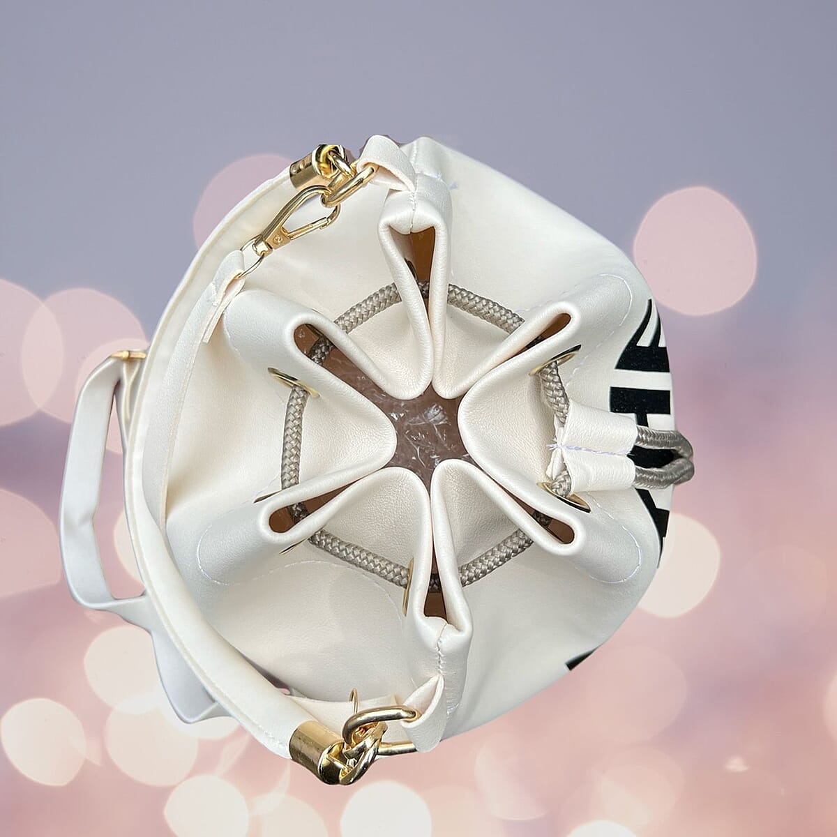 White Faux Leather Drawstring Bucket Bag with Detachable Shoulder Strap image number 1