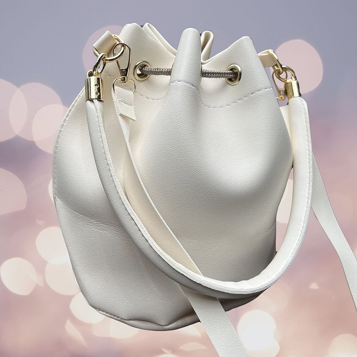 White Faux Leather Drawstring Bucket Bag with Detachable Shoulder Strap image number 2