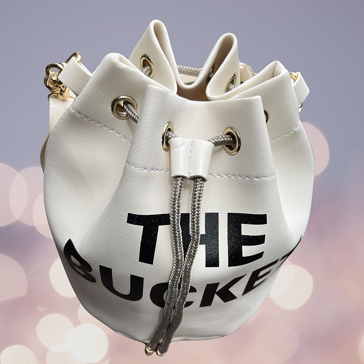 White Faux Leather Drawstring Bucket Bag with Detachable Shoulder Strap image number 3