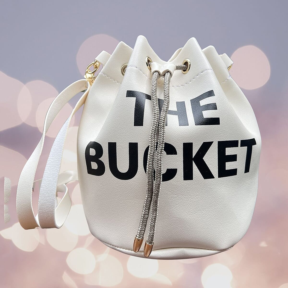 White Faux Leather Drawstring Bucket Bag with Detachable Shoulder Strap image number 4