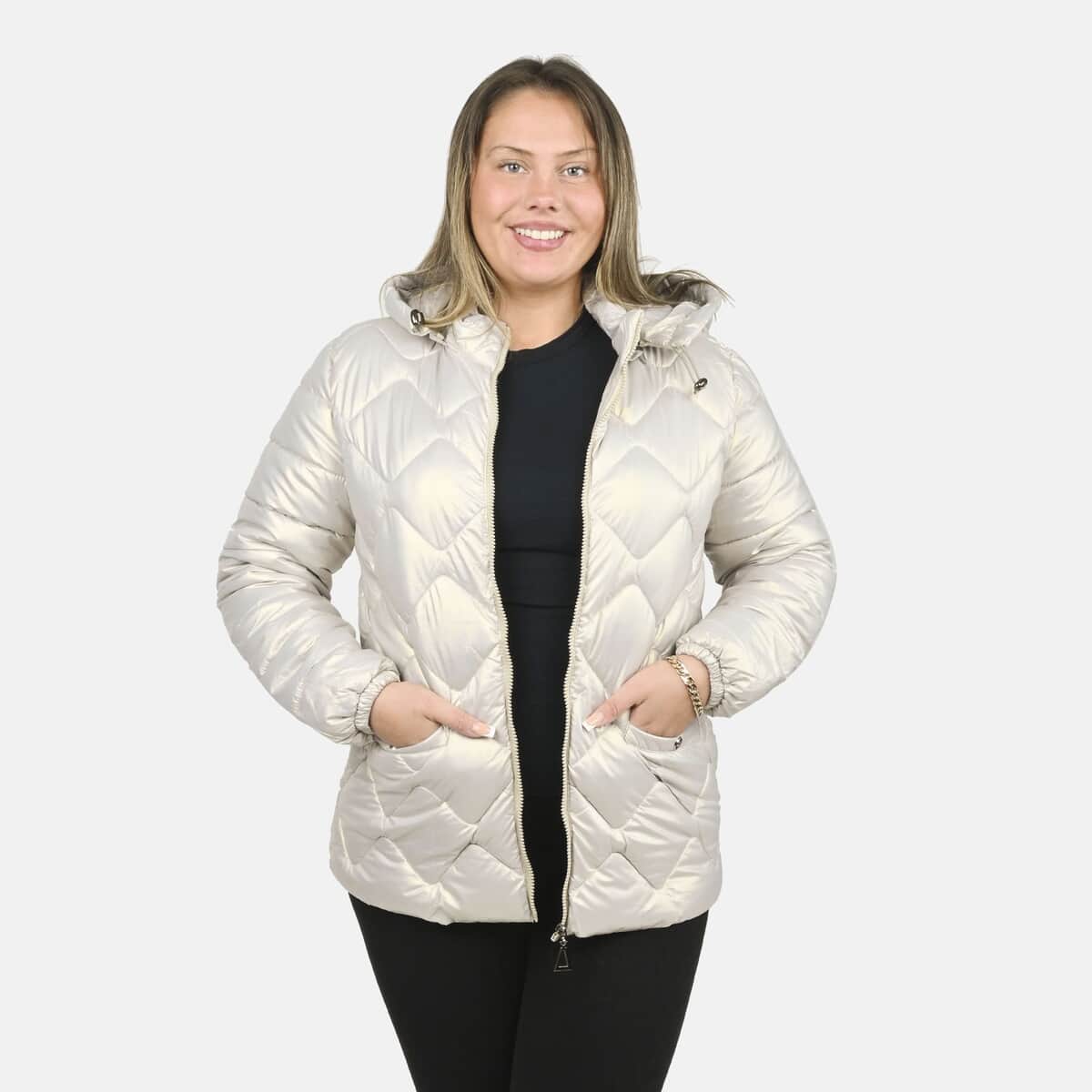Tamsy Iridescent Gold Quilted Puffer Jacket with Detachable Hood - M image number 3