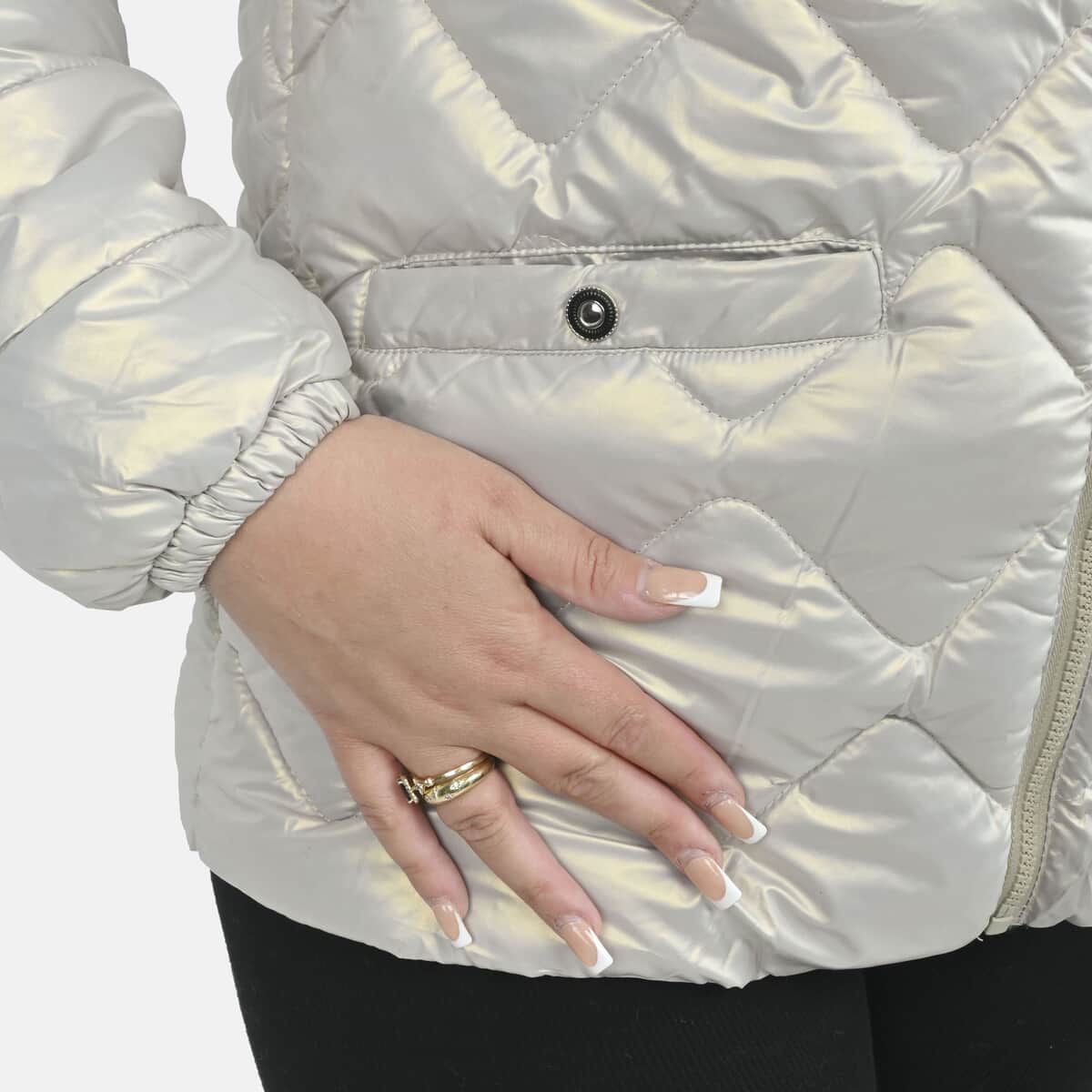Tamsy Iridescent Silver Quilted Puffer Jacket with Detachable Hood - M image number 6