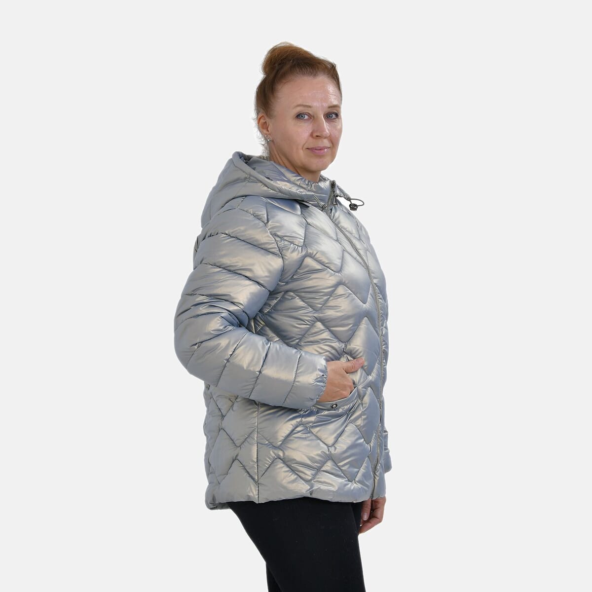 Tamsy Iridescent Green Quilted Puffer Jacket with Detachable Hood - XL image number 2