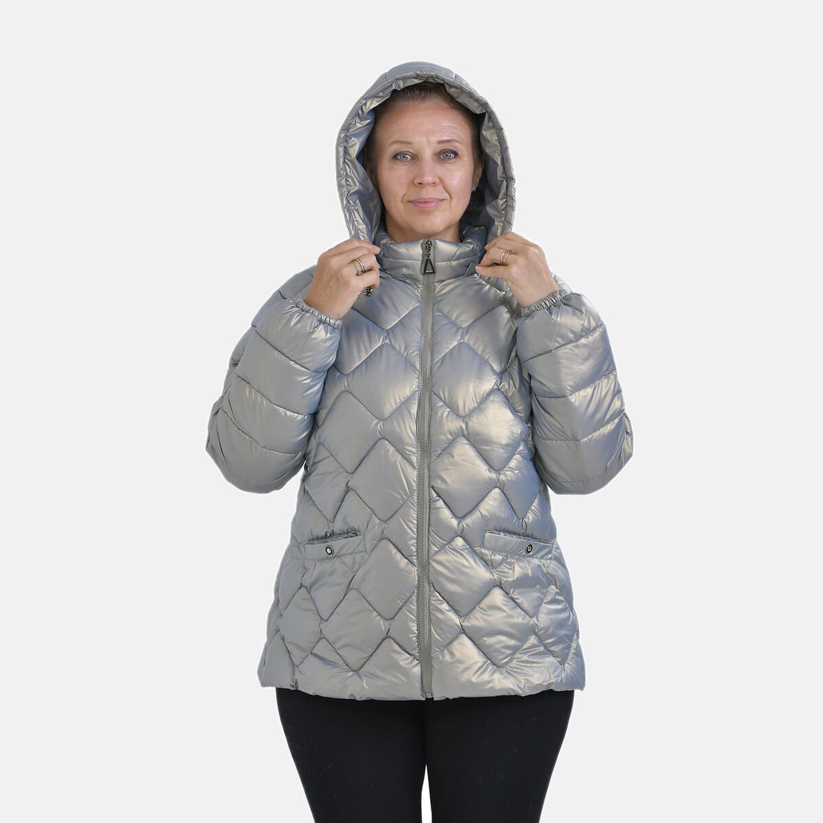 Tamsy Iridescent Green Quilted Puffer Jacket with Detachable Hood - XL image number 3