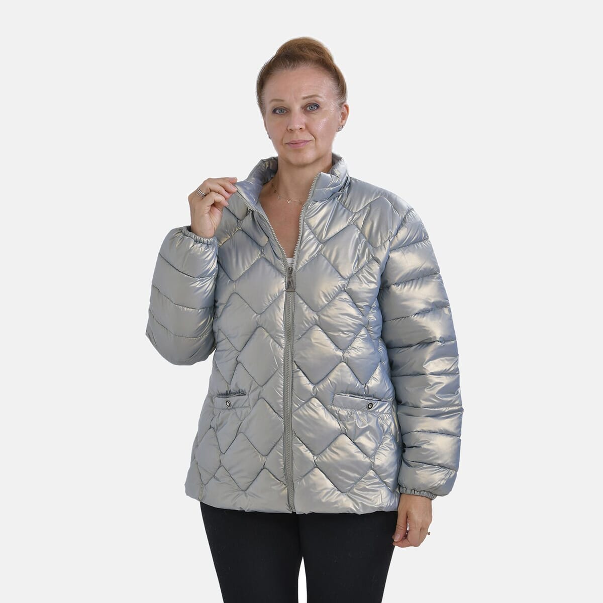 Tamsy Iridescent Green Quilted Puffer Jacket with Detachable Hood - XL image number 4