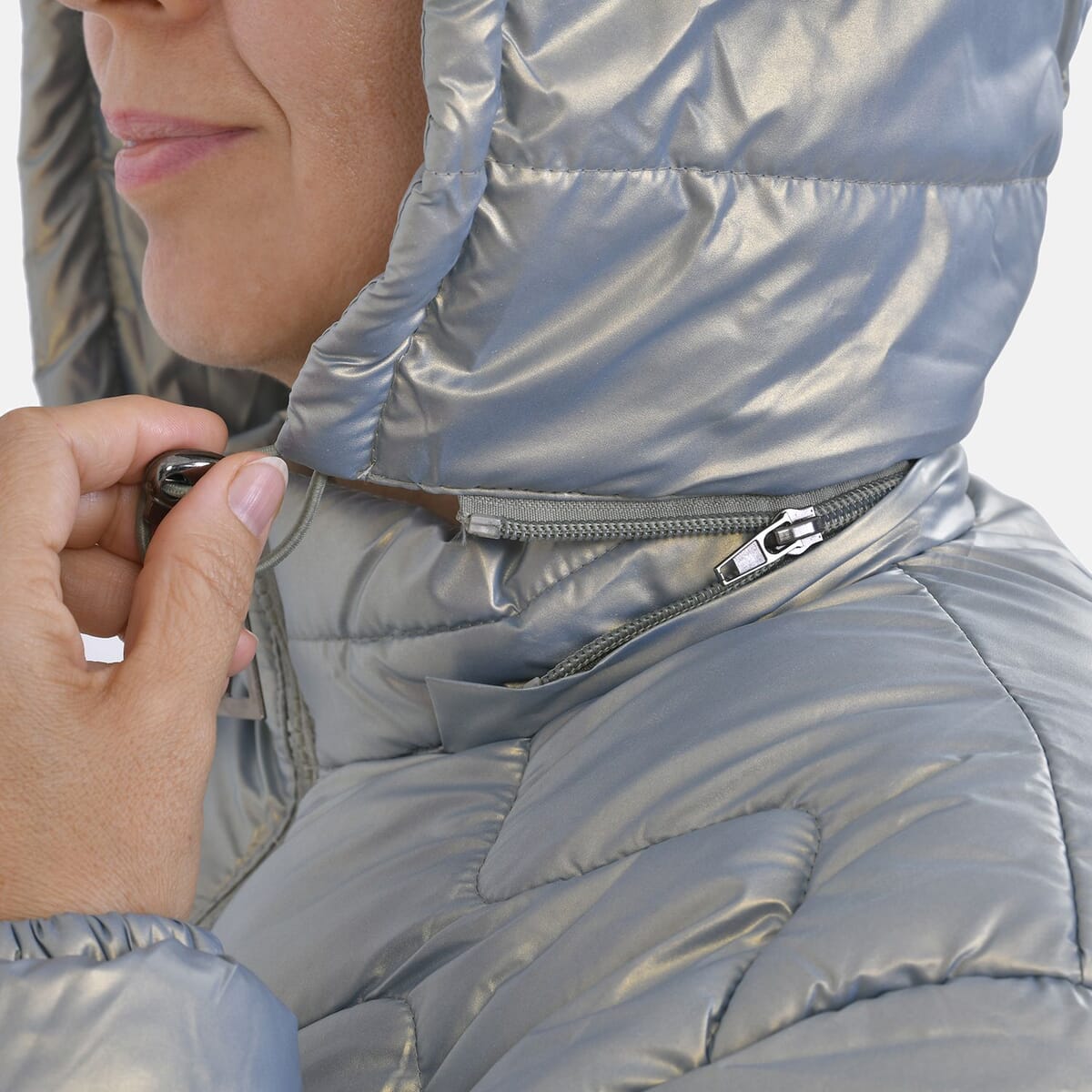 Tamsy Iridescent Green Quilted Puffer Jacket with Detachable Hood - XL image number 5