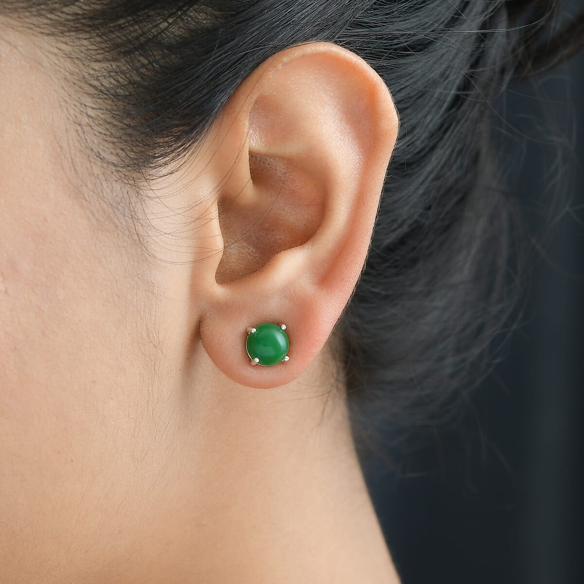 Green Jade Solitaire Stud Earrings in Sterling Silver 5.15 ctw image number 2