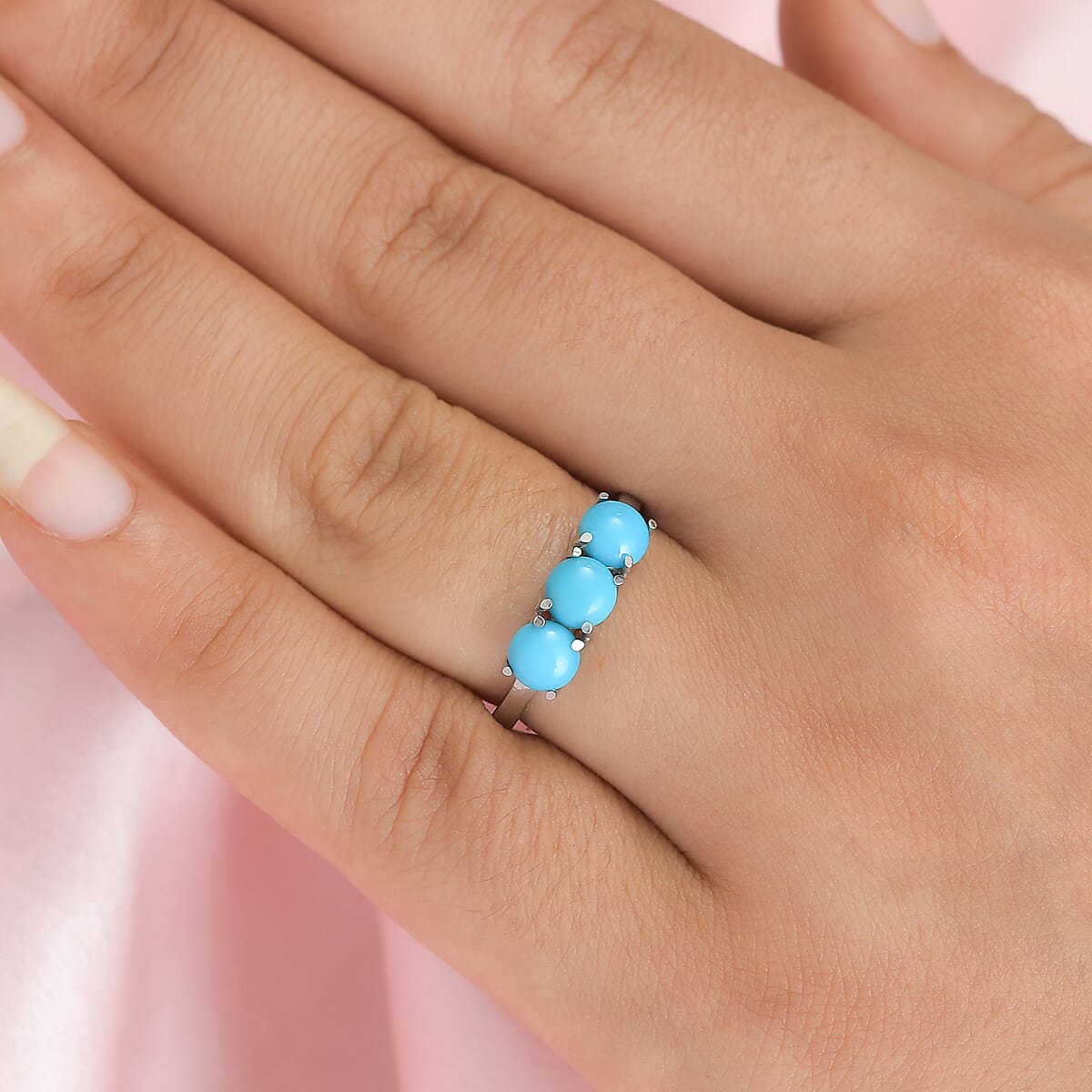 Sleeping Beauty Turquoise 3 Stone Ring in Stainless Steel (Size 5.0) 1.25 ctw image number 2