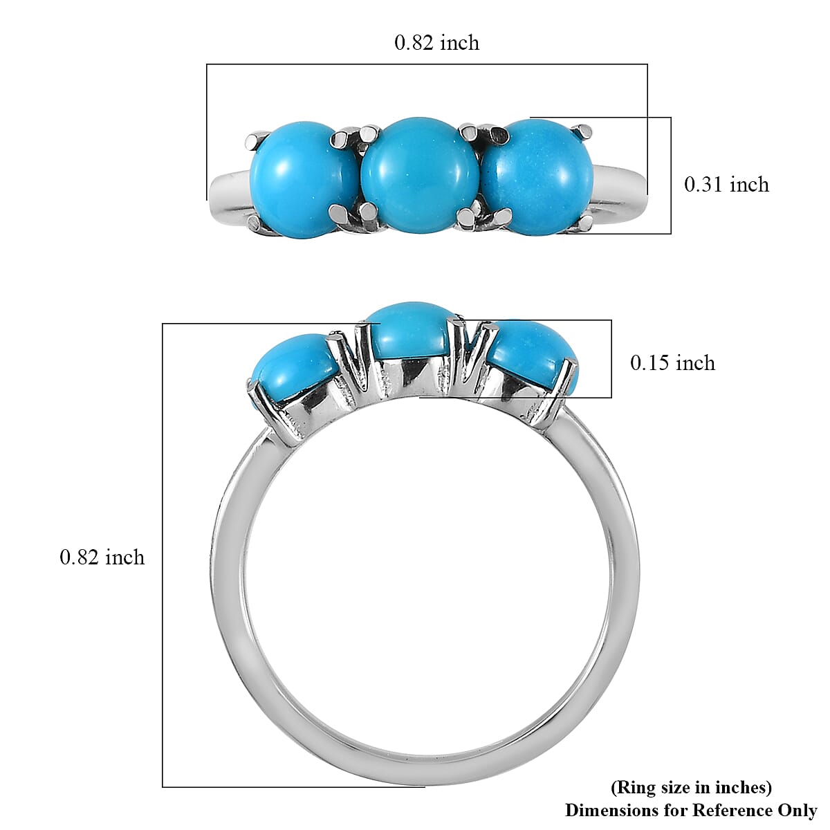 Sleeping Beauty Turquoise 3 Stone Ring in Stainless Steel (Size 5.0) 1.25 ctw