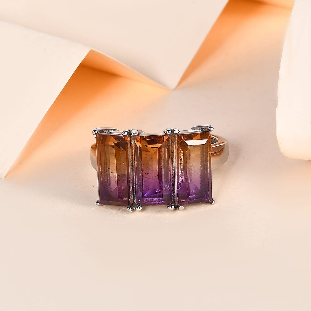 Ametrine Quartz (Triplet) 3 Stone Ring in Stainless Steel (Size 8.0) 5.75 ctw image number 1