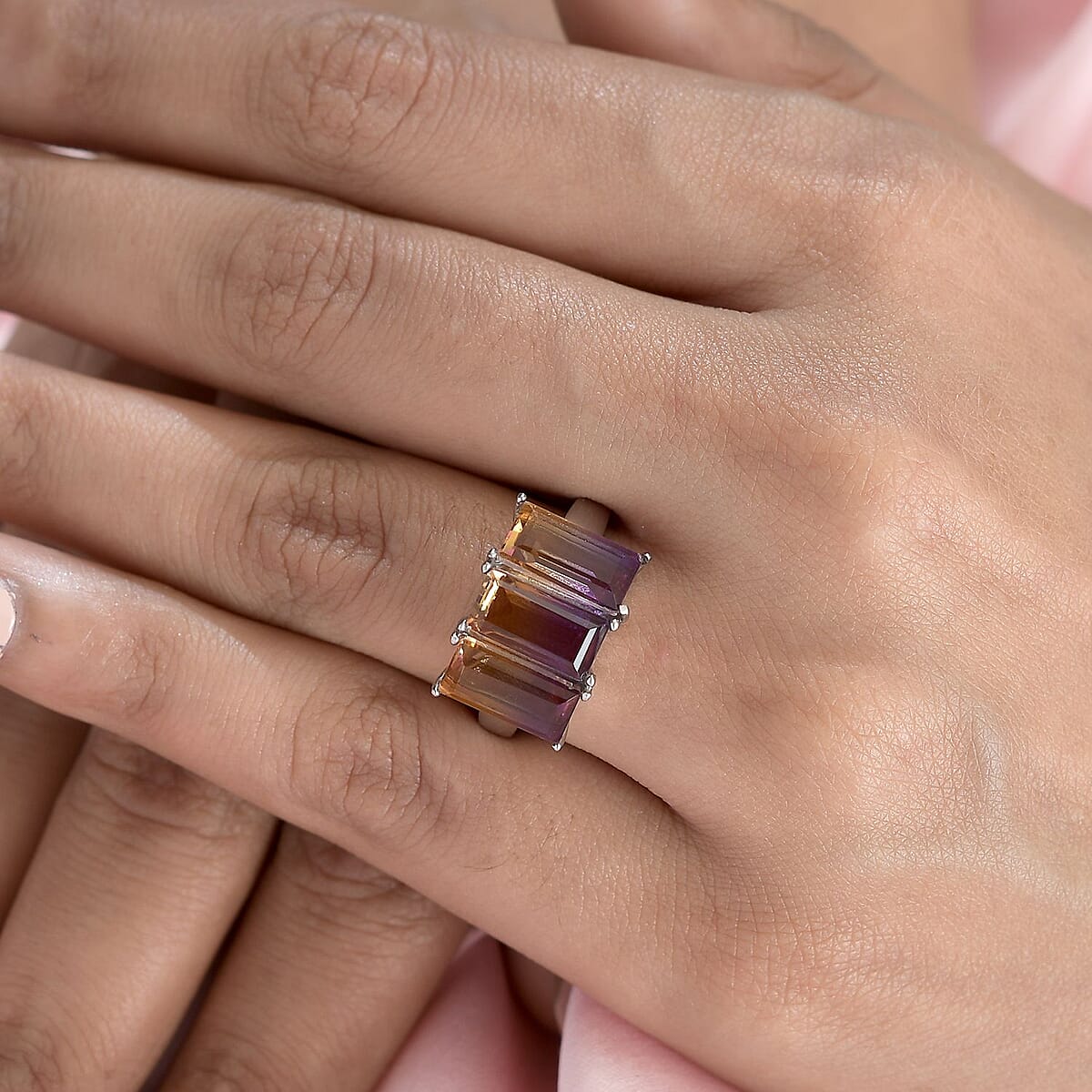 Ametrine Quartz (Triplet) 3 Stone Ring in Stainless Steel (Size 8.0) 5.75 ctw image number 2