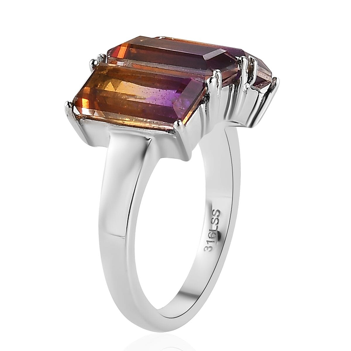 Ametrine Quartz (Triplet) 3 Stone Ring in Stainless Steel (Size 8.0) 5.75 ctw image number 3