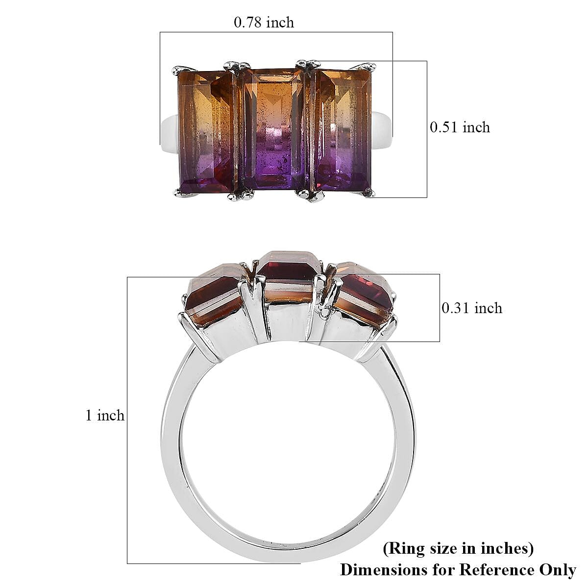 Ametrine Quartz (Triplet) 3 Stone Ring in Stainless Steel (Size 8.0) 5.75 ctw image number 5