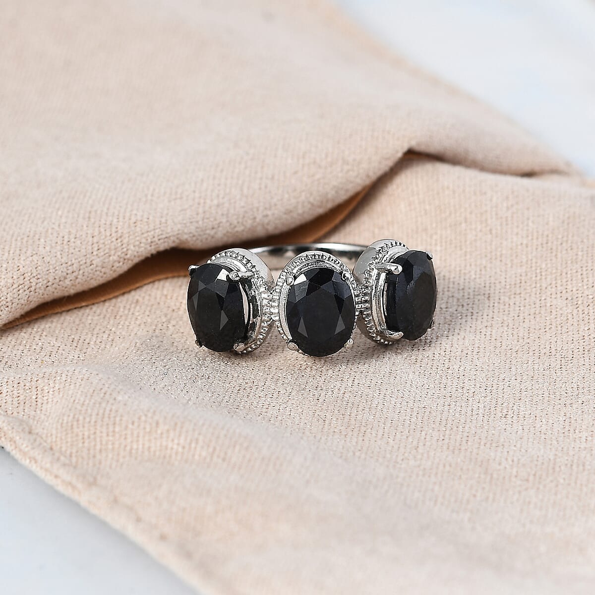 Midnight Sapphire 3 Stone Ring in Stainless Steel 5.20 ctw image number 1