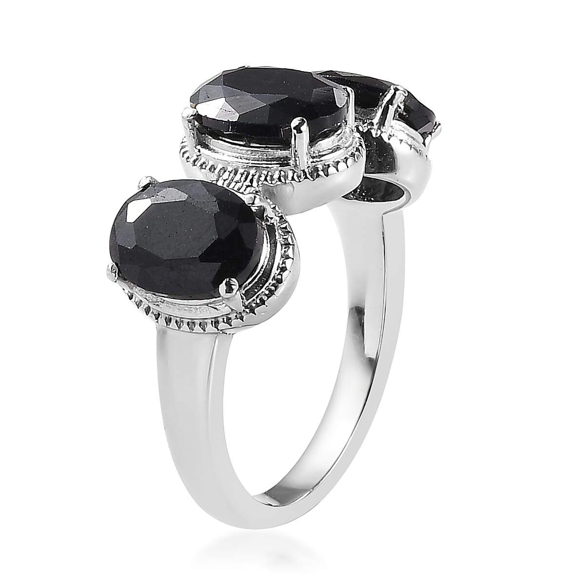 Midnight Sapphire 3 Stone Ring in Stainless Steel 5.20 ctw image number 3