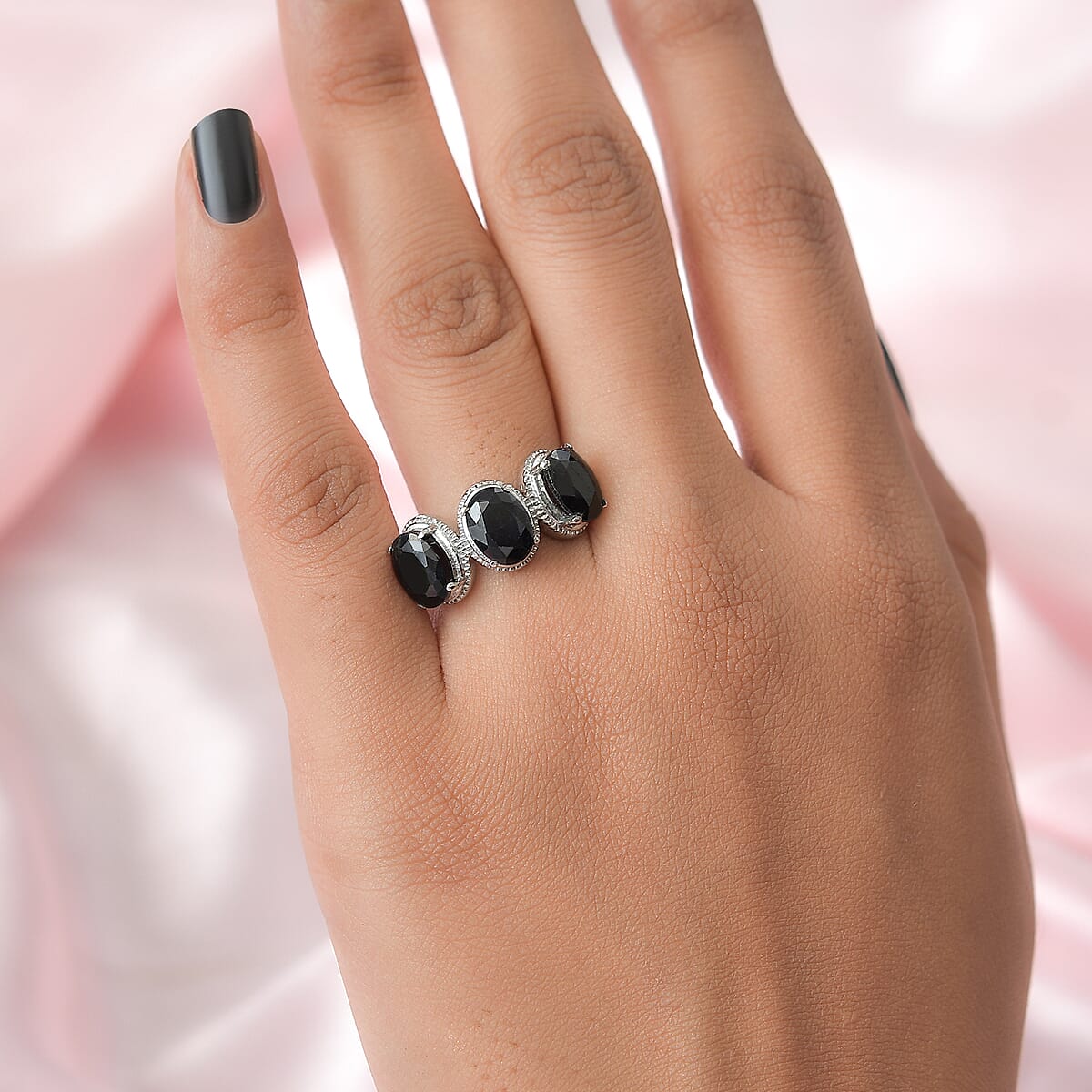 Midnight Sapphire 3 Stone Ring in Stainless Steel (Size 9.0) 5.20 ctw image number 2