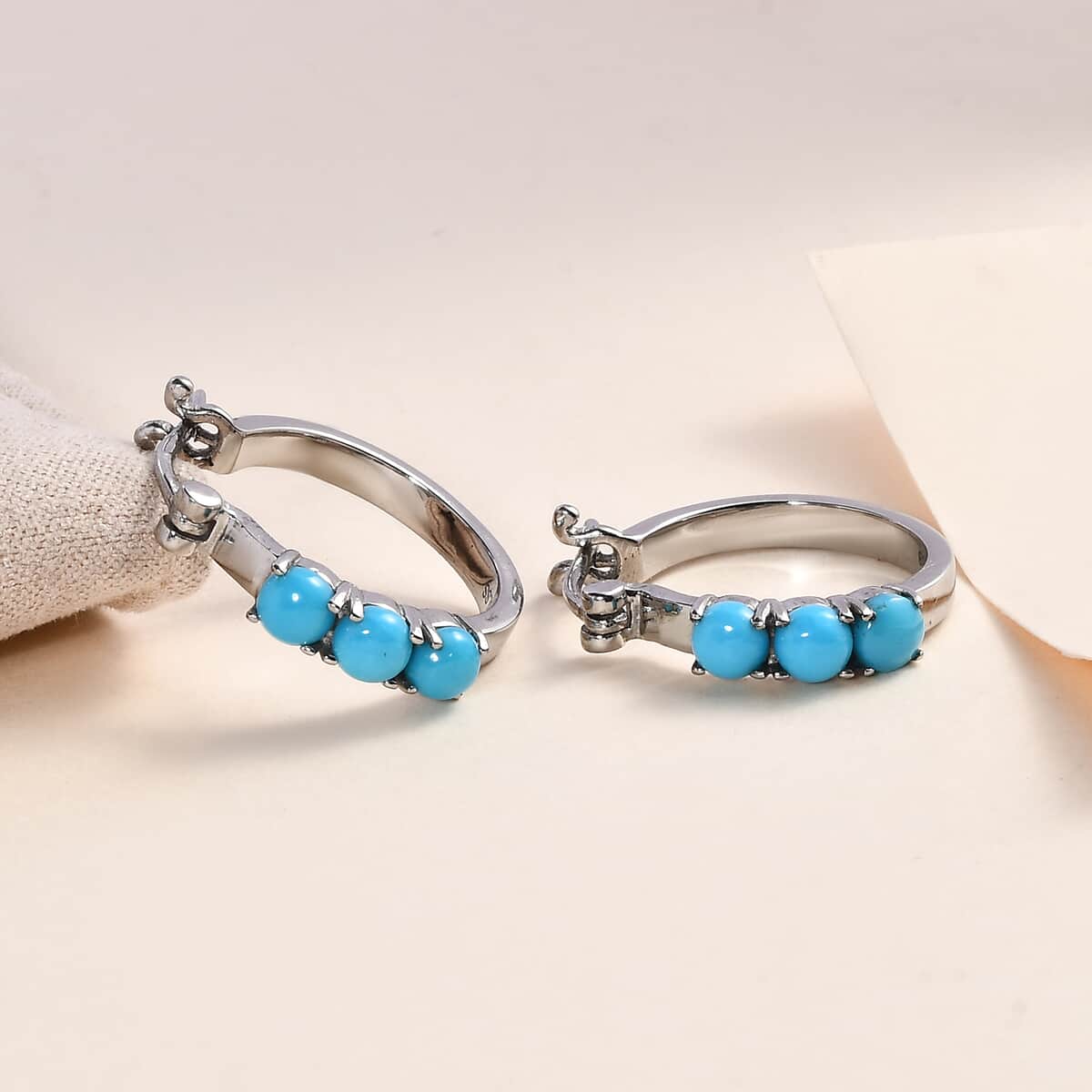 Sleeping Beauty Turquoise Hoop Earrings in Stainless Steel 1.50 ctw image number 1