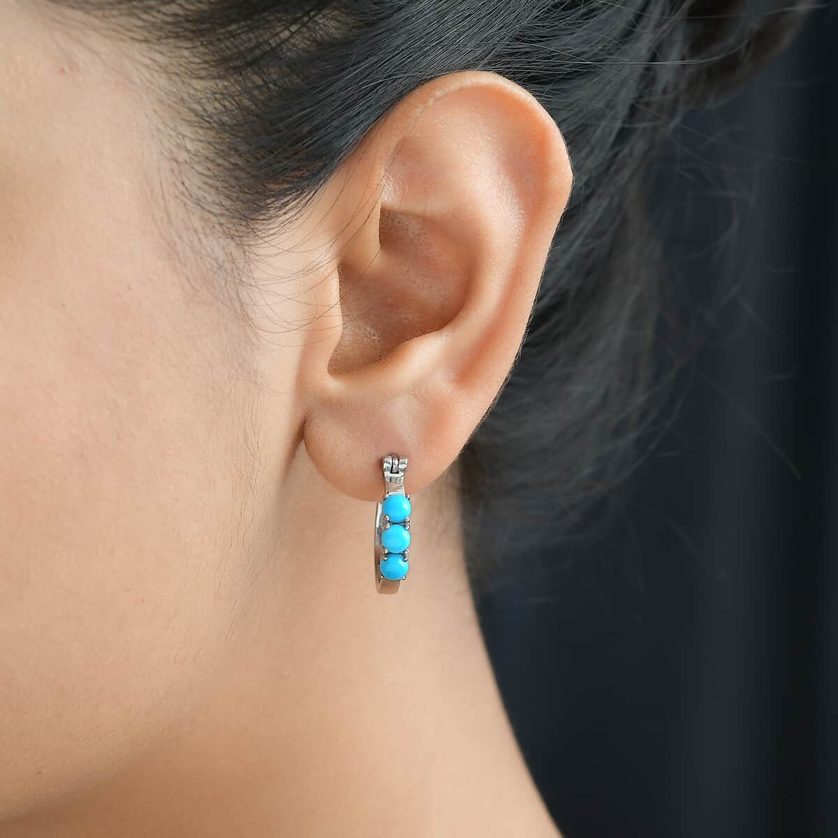 Sleeping Beauty Turquoise Hoop Earrings in Stainless Steel 1.50 ctw image number 2