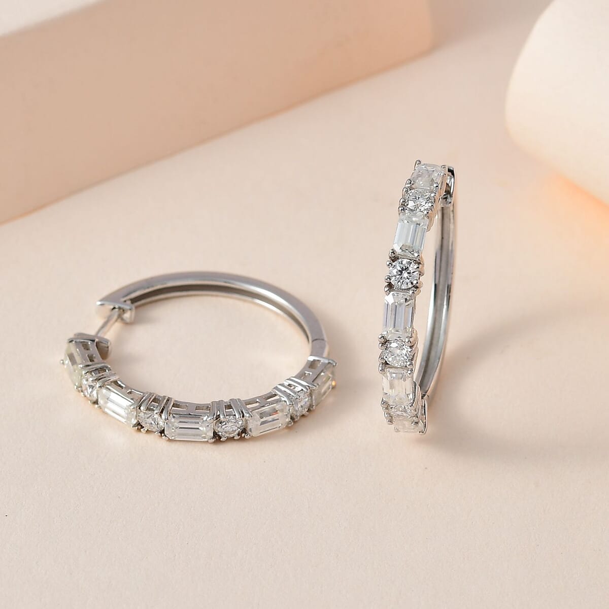 Moissanite Hoop Earrings in Platinum Over Sterling Silver 3.65 ctw image number 1
