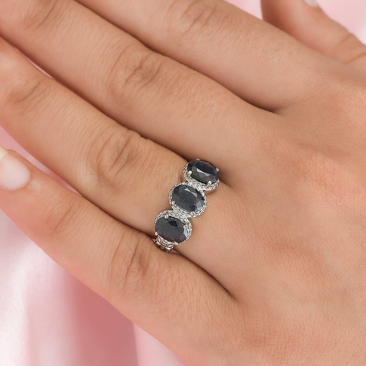 Midnight Sapphire 3 Stone Ring in Stainless Steel 3.25 ctw image number 2
