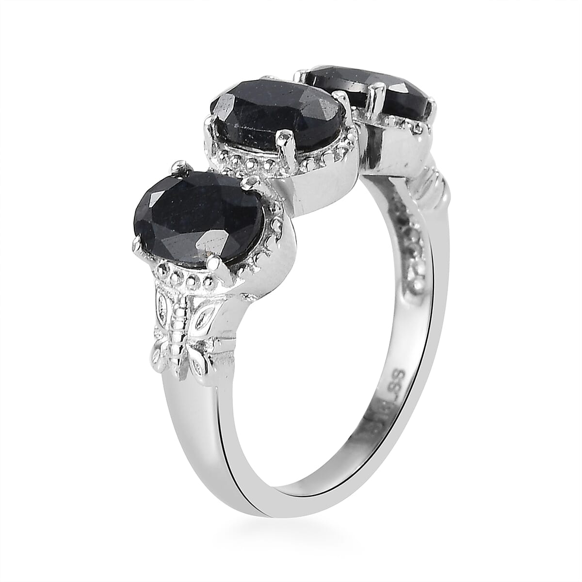 Midnight Sapphire 3 Stone Ring in Stainless Steel 3.25 ctw image number 3