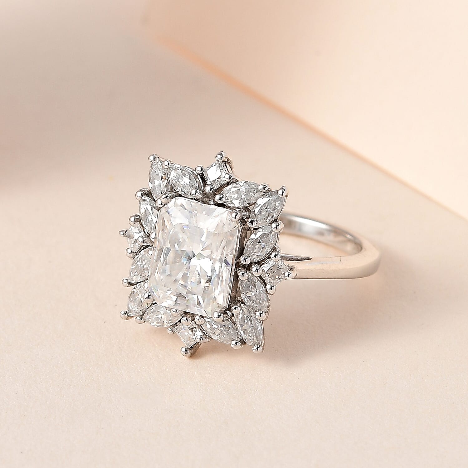 Radiant Cut Moissanite Ring in Platinum Over Sterling Silver (Size 10.0) 3.40 ctw