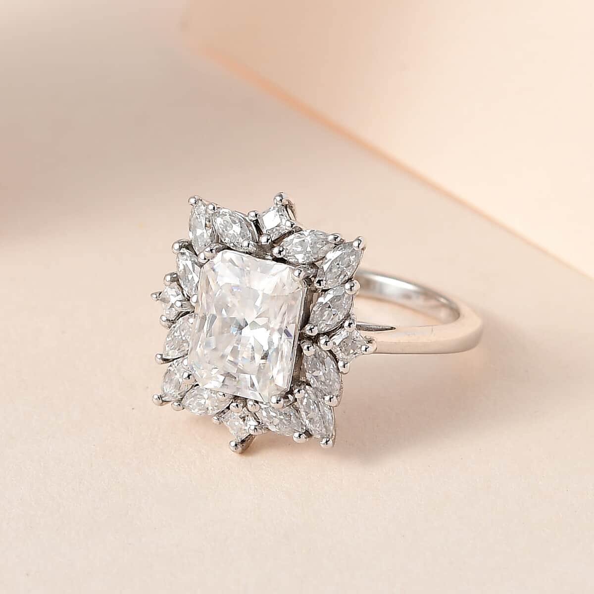 Radiant Cut Moissanite Ring in Platinum Over Sterling Silver 3.40 ctw image number 1