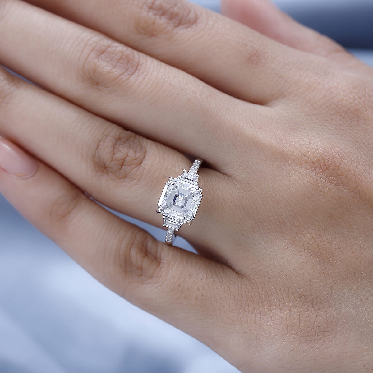 Asscher Cut Moissanite Ring in Platinum Over Sterling Silver (Size 8.0) 3.00 ctw image number 2