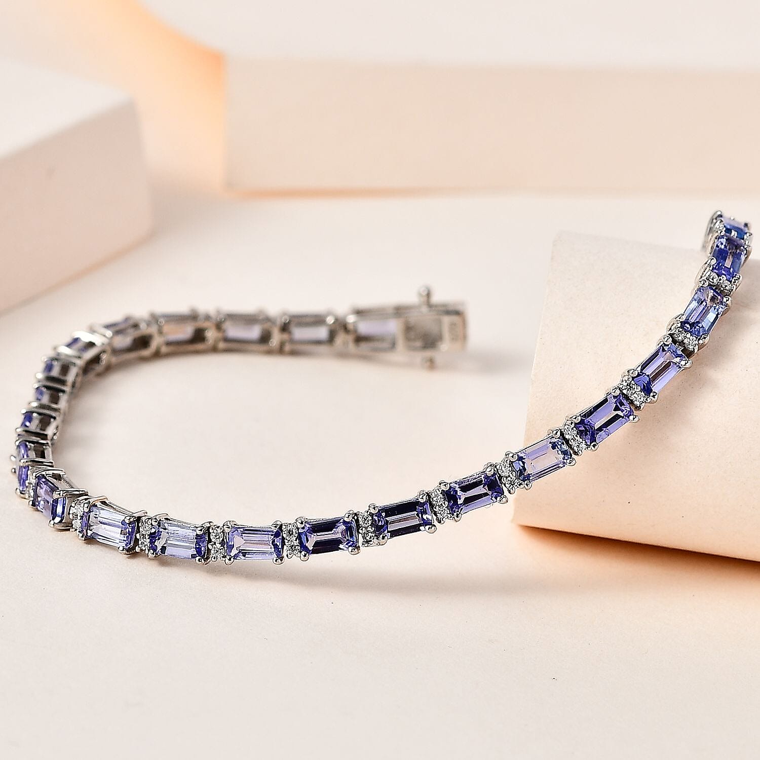 Tanzanite and Moissanite 9.80 ctw Bracelet in Platinum Over Sterling Silver (8.0 In)