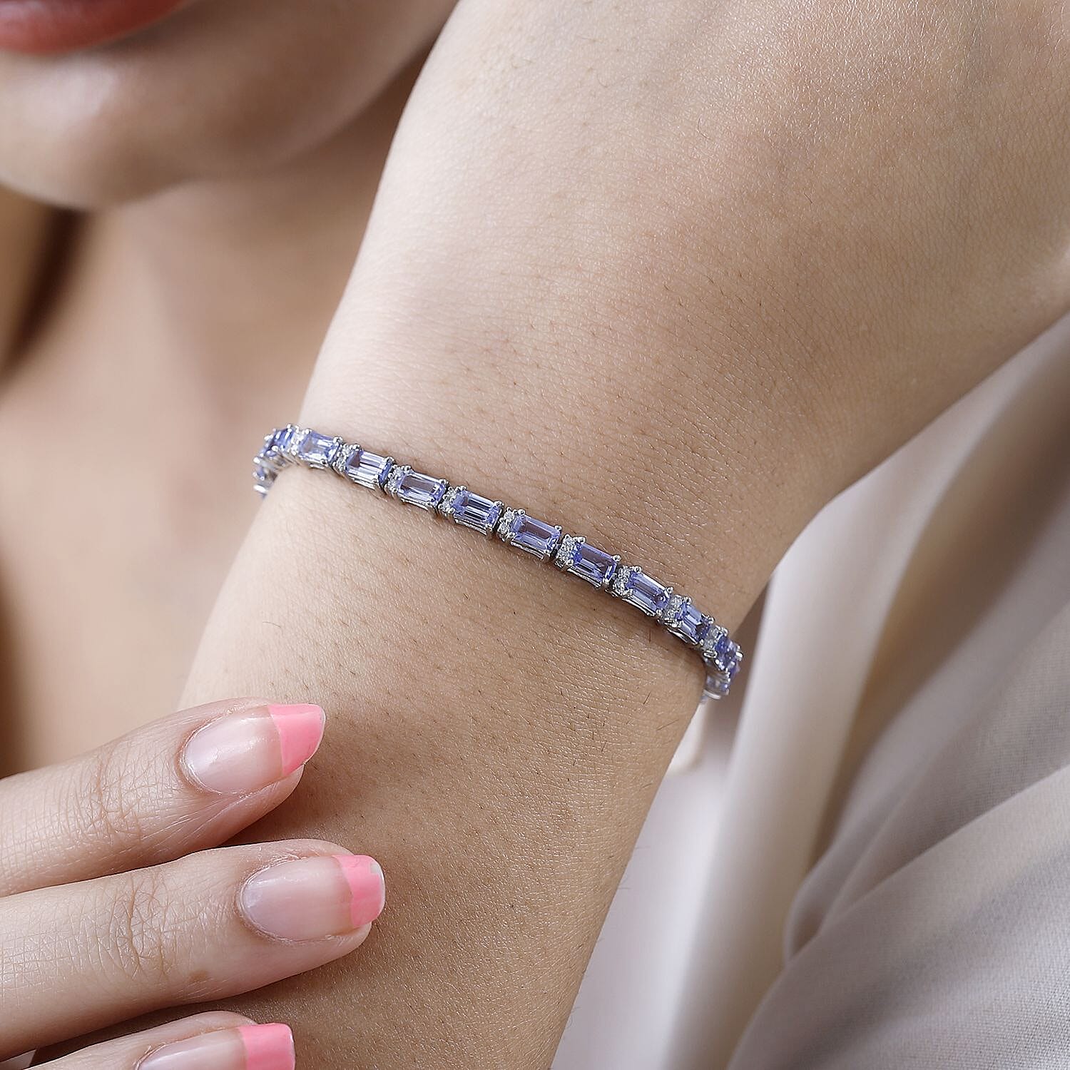 Tanzanite and Moissanite 9.80 ctw Bracelet in Platinum Over Sterling Silver (8.0 In)